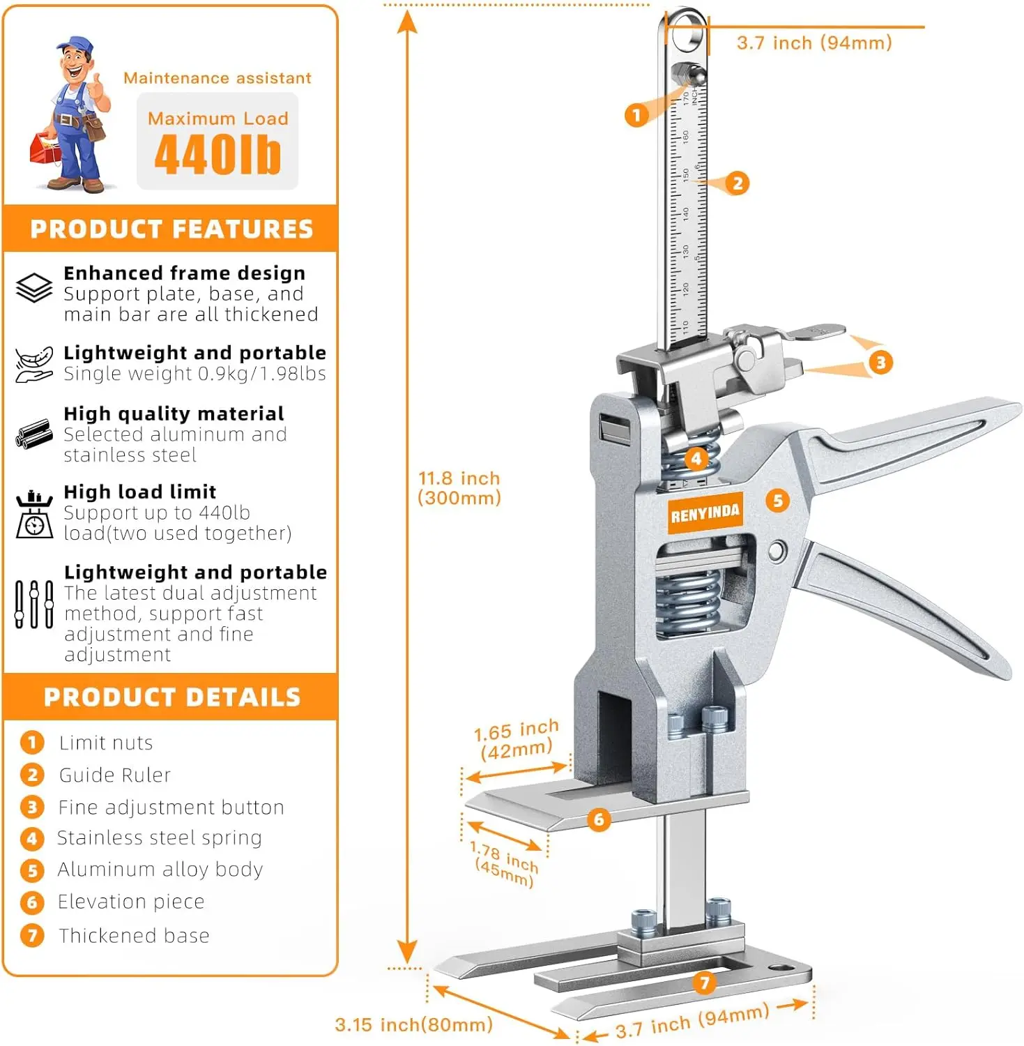 Saving Arm Jack 440 lb. Load-Bearing, All-Steel for Installing Windows and Doors, Lifting Furniture, Woodworking Tools, Wa