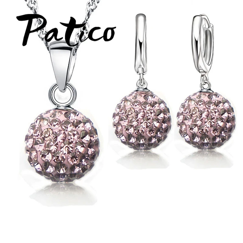 Hot New Jewelry Sets 925 Sterling Silver Austrian Crystal Pave Disco Ball Lever Back Earring Pendant Necklace Woman
