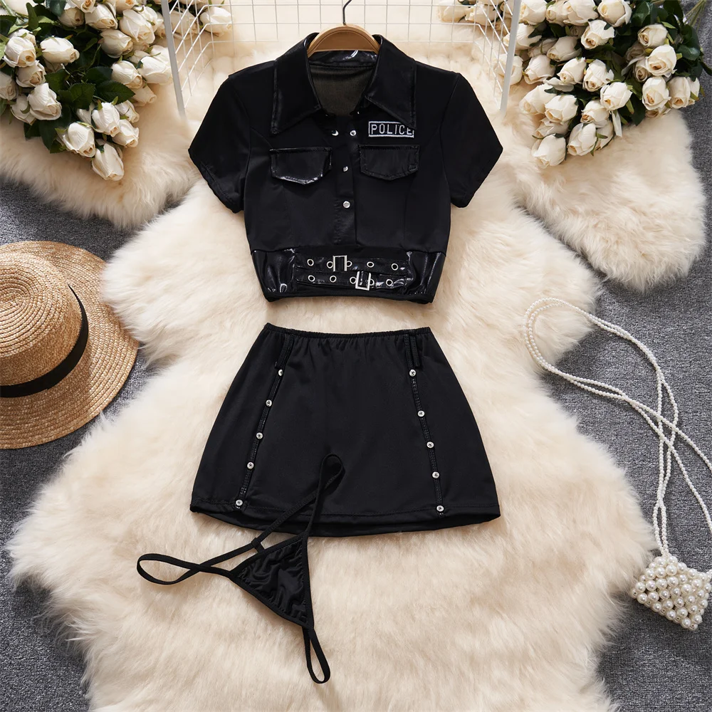 Sheer Short Sleeve Shirt With Elastic Waist A-Line Mini Skirt Set Sexy Policewomen Cosplay Uniform Black Metal Erotic Lingerie