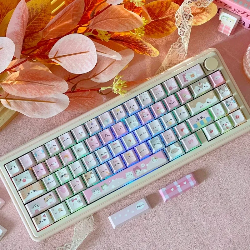 Cat Meow Team Keycaps Custom PBT Cherry Profile Keycap Side Carving Transparent Mechanical Keyboard Tri-mode RGB Hot-swap Gasket