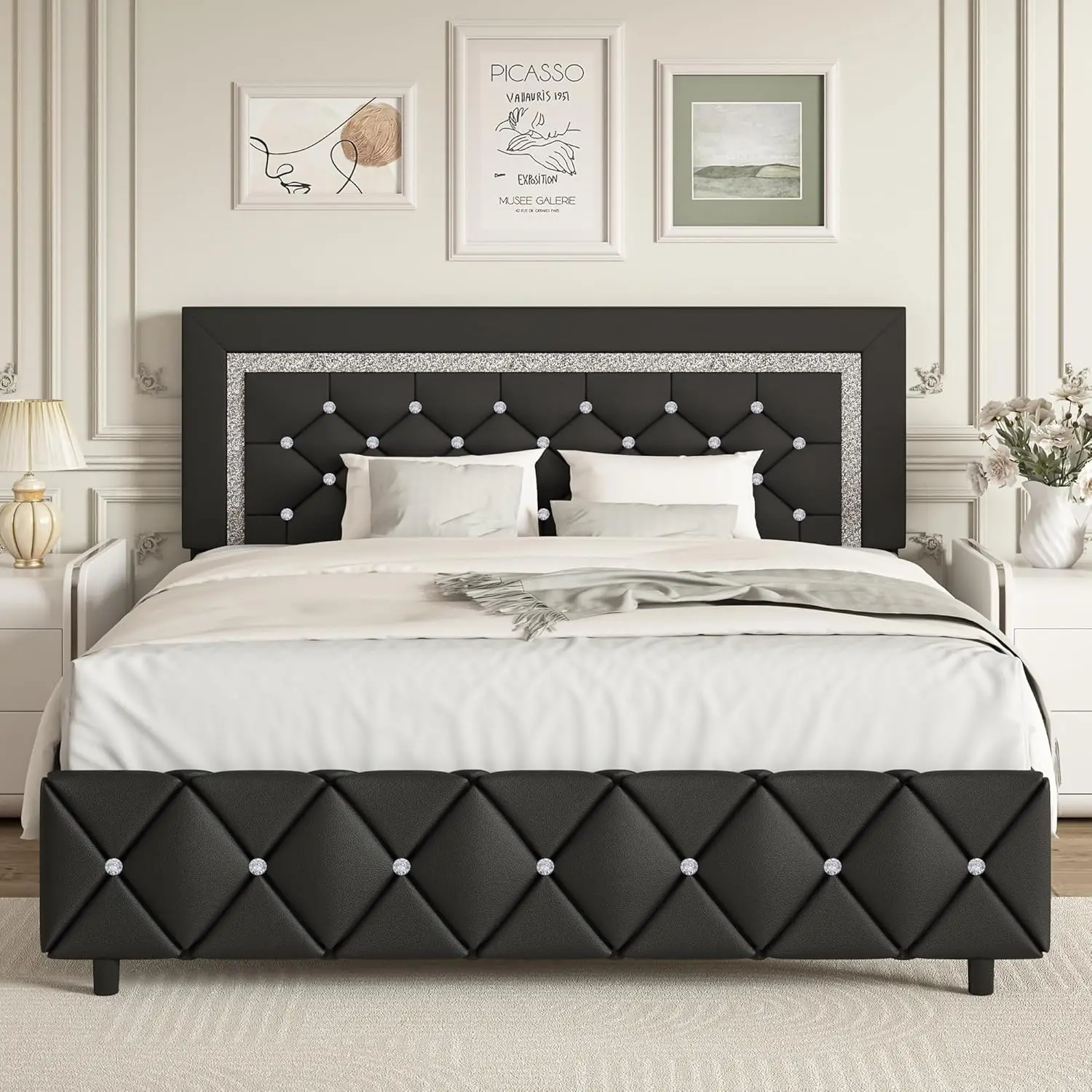 Queen Upholstered Bed Frame with Button Tufted Headboard - Modern Platform Bed with Diamond Design - Mattress Foundation -