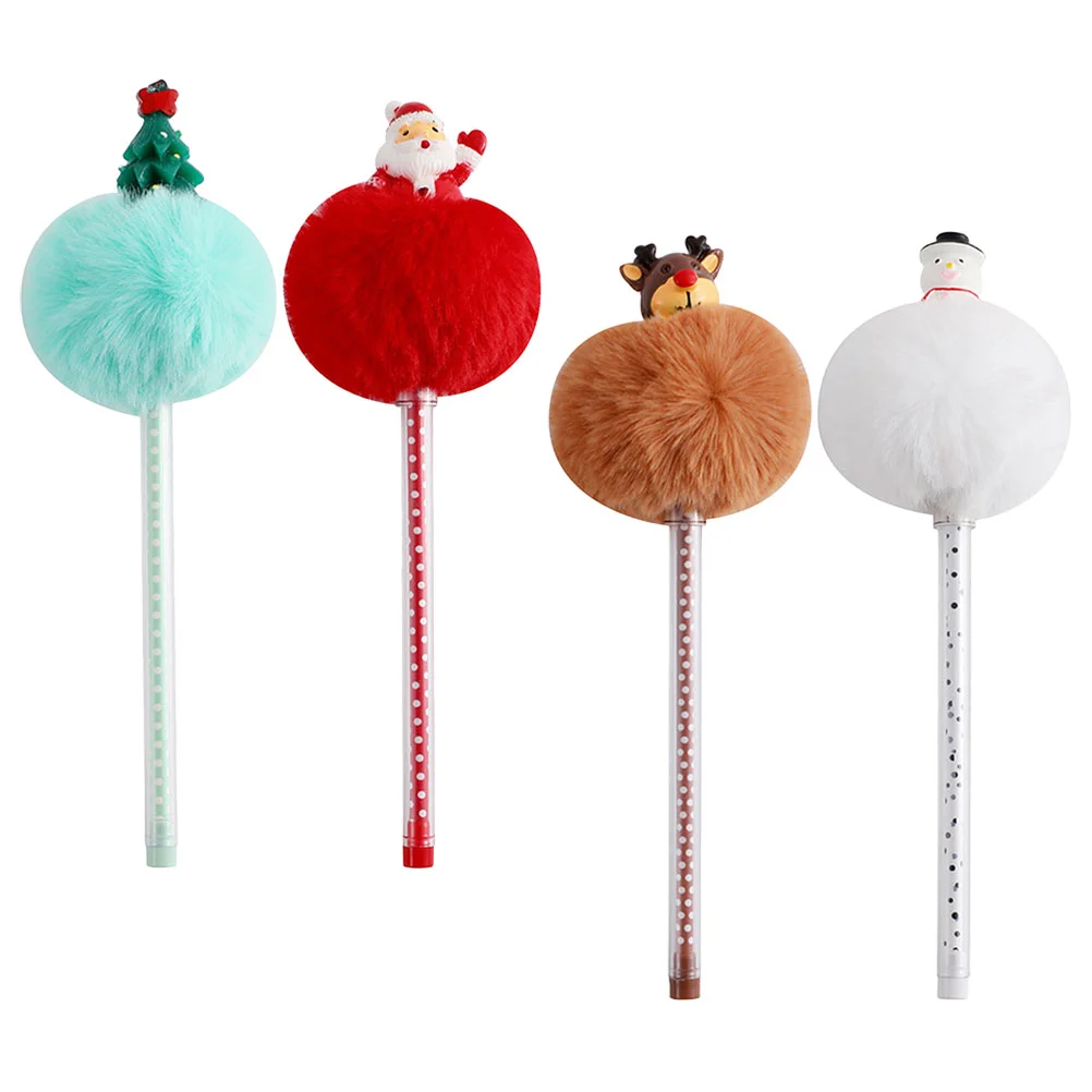 4 Pcs Cartoon Christmas Fur Ball Ballpoint Pen Universal Gel Teachers Pens Girl Sign Plastic Prize Gifts Student