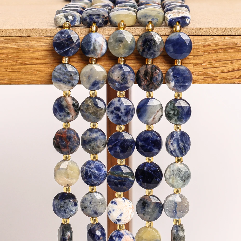 NATURAL SODALITE FACETED COIN BEADS 8MM 10MM BLUE ROUND LOOSE GEMSTONE FOR JEWELRY MAKING DIY BRACELET NECKLACE ACCESSORIES