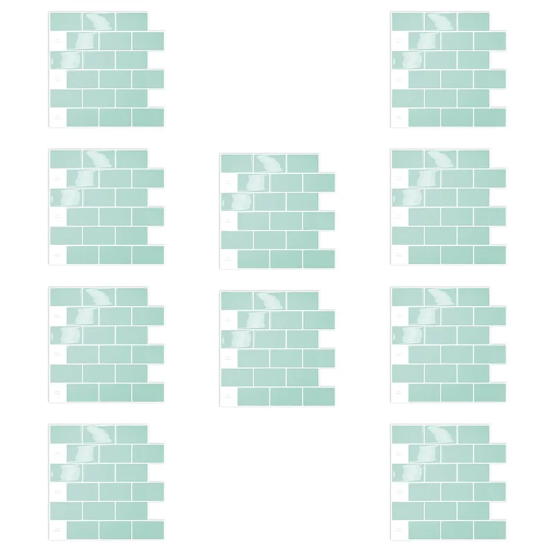 

ABUH-10PC Green Subway 3D Self Adhesive Wall Sticker Kitchen Splashback Tile Waterproof For Home DIY Wall Decor