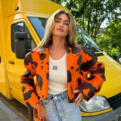 PU Leather Cow Printed Women Crop Jacket Blazer Notched Neck Loose Coat 2023 Fall Winter Y2K Streetwear Sexy Night Club Outfits