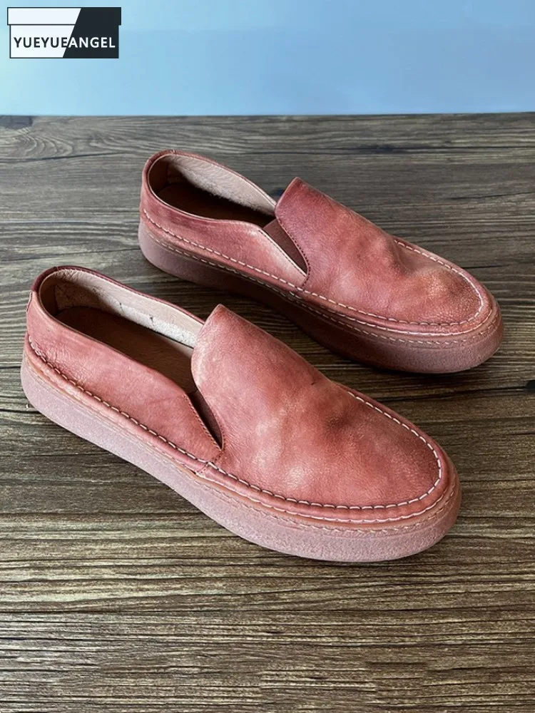 Mens Genuine Leather Loafers Outside New Spring Summer Casual Walking Shoes Slip-On Vintage Round Toe Platform Flat Shoes Male