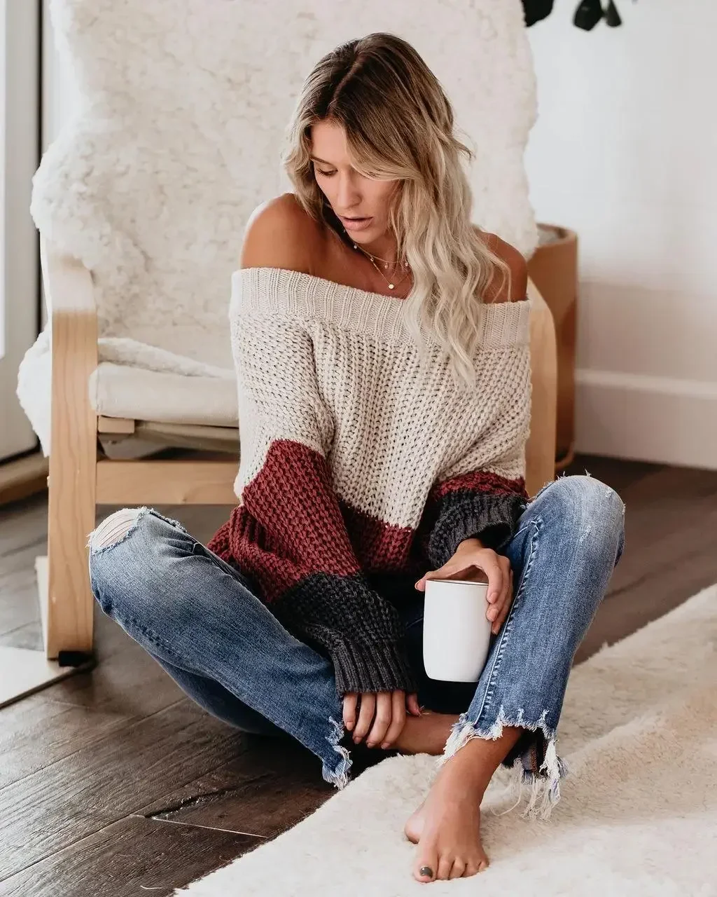 Off Shoulder Knit Sweaters Color Block Women Fashion Casual Pullovers Female Long Sleeve Tops Ladies Clothes Autumn Winter