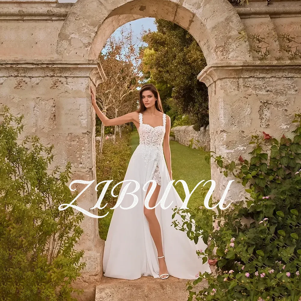 

ZIBUYU Customized Boho Wedding Dress Sweetheart 3D Floral Lace Appliquess Sleeveles High Side Slit Open Back Chiffon Bridal Gown