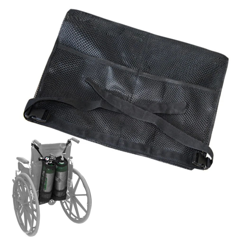 Oxygen Tank Support Bag for Wheelchair Accommodating Dual Cylinders and Offering Convenient Mesh Storage Space