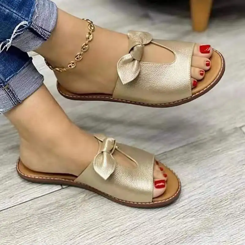 

2022 New Summer New Ladies Casual Fashion Bow Flat Sandals Comfortable Soft Bottom Ladies Beach Sandals Plus Size 43