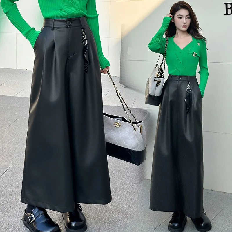 Женские кожаные брюки с высокой талией и драпировкой, повседневные утягивающие брюки