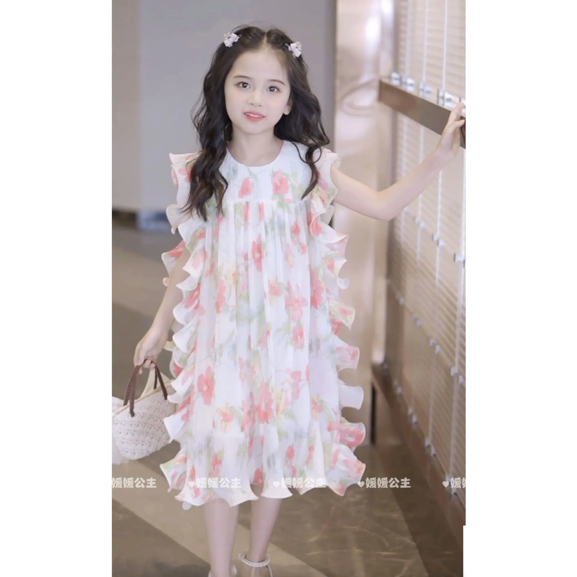 2024 Korean Summer Children Girl Sleeveless Dress School Girl Flower Printed Flounce Princess Dress Junior Girl Pink Sweet Dress