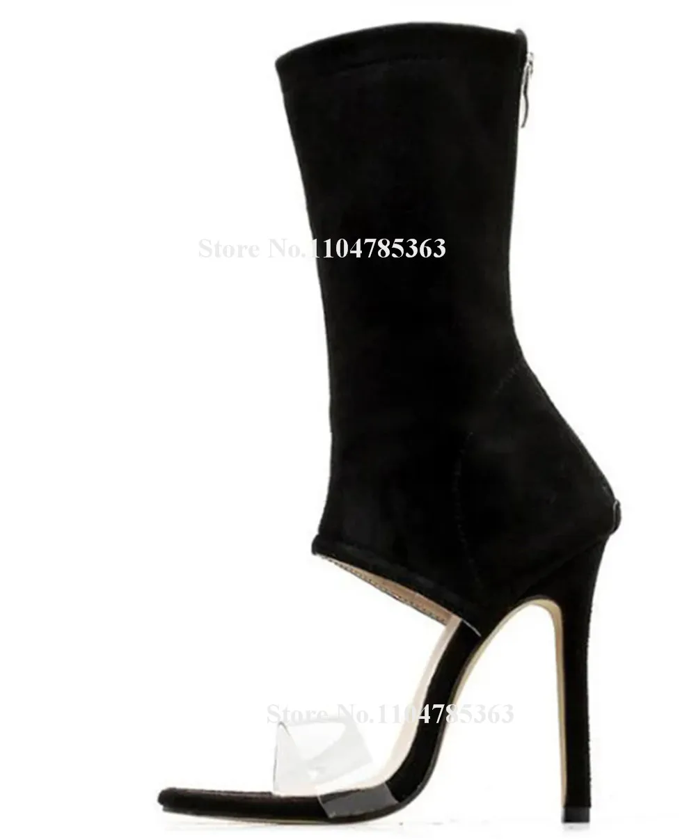 Clear PVC Straps Patchwork Suede Stiletto Heel Gladiator Short Boots Open Toe Blue Yellow Beige Ankle Wrap Thin Heel Ankle Boots