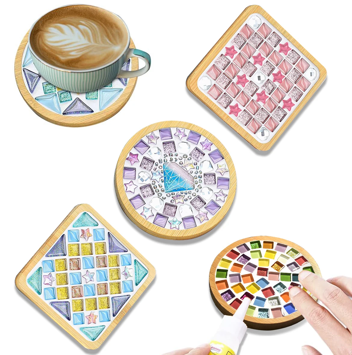 

4 Sets DIY Glass Mosaic Tiles for Crafts,Mixed Color Mosaic Kits with Wooden Coaster for Adults,Mosaic Crafts Materials
