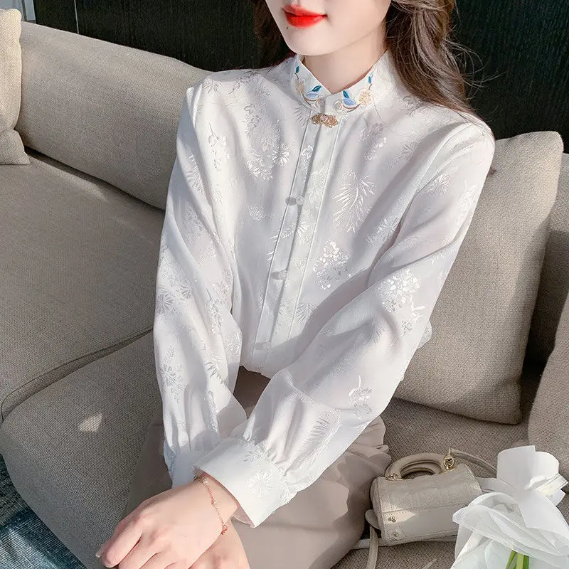 Women\'s 2024 Spring Autumn New Chinese Style Embroidered Long Sleeve Blouses Fashion Stand Collar Printed Single-breasted Shirts