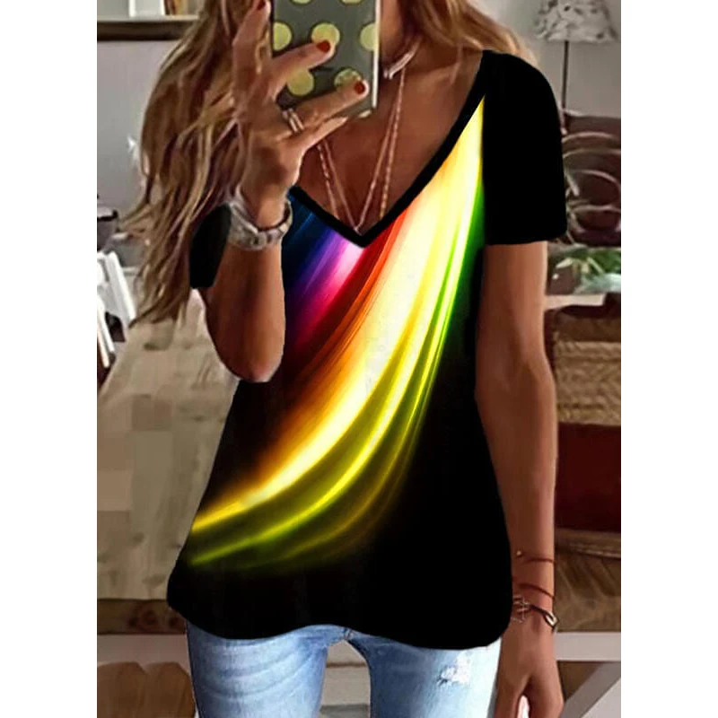 Summer Women T Shirt Stripes Print Gradient Clothing V Neck Short Sleeve Basic Tops Streetwear Fashion Oversized Girls T-shirts