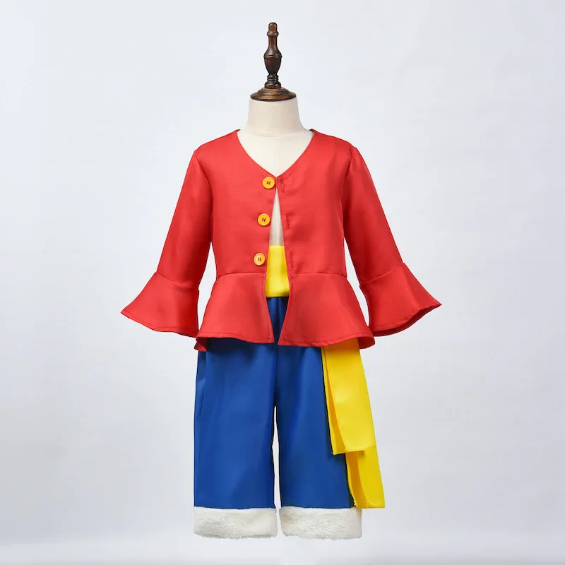 Kids Anime Luffy Cosplay Costume with Straw Hat for Boys Halloween Carnival Uniform Coat Pants Belt Full Set Dress Up