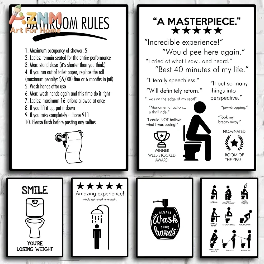AZNM Funny Bathroom Rules Quote Canvas Wall Art, Black White Humor Toilet Sign Print Poster, Restroom Wall Decor, Unframed Canva