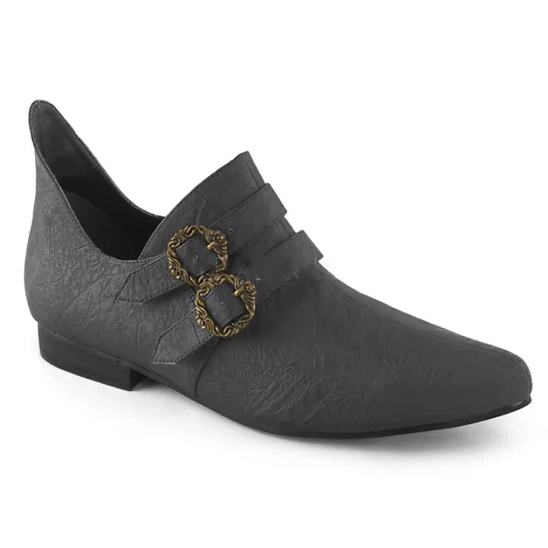 Medieval Colonial Pirate Shoes For Men Retro Brown Faux Leather Double Buckle Victorian Steampunk Low Heel Cosplay Footwear