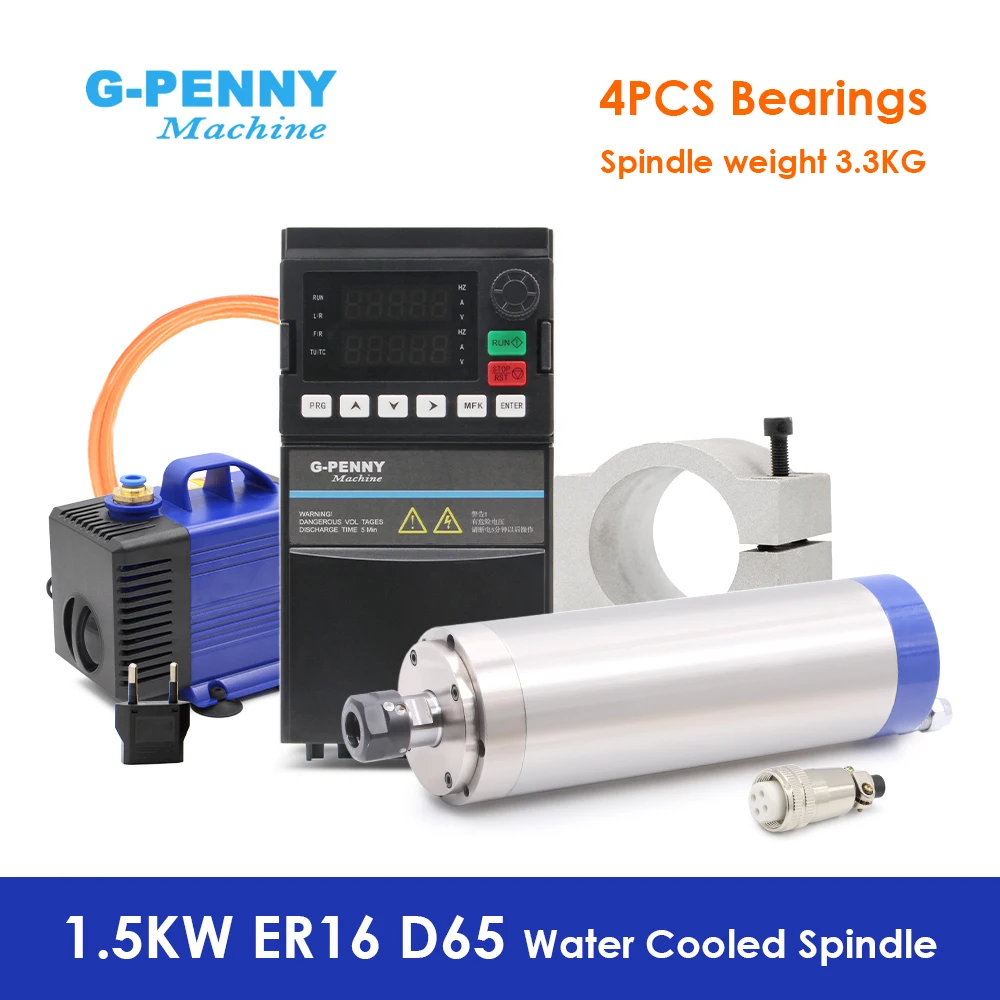 

G-PENNY 1.5kw ER16 D65 Water Cooled Spindle Motor Kit 4pcs Bearings,1.5KW YL42 Inverter & 80W water Pump, 65mm Bracket