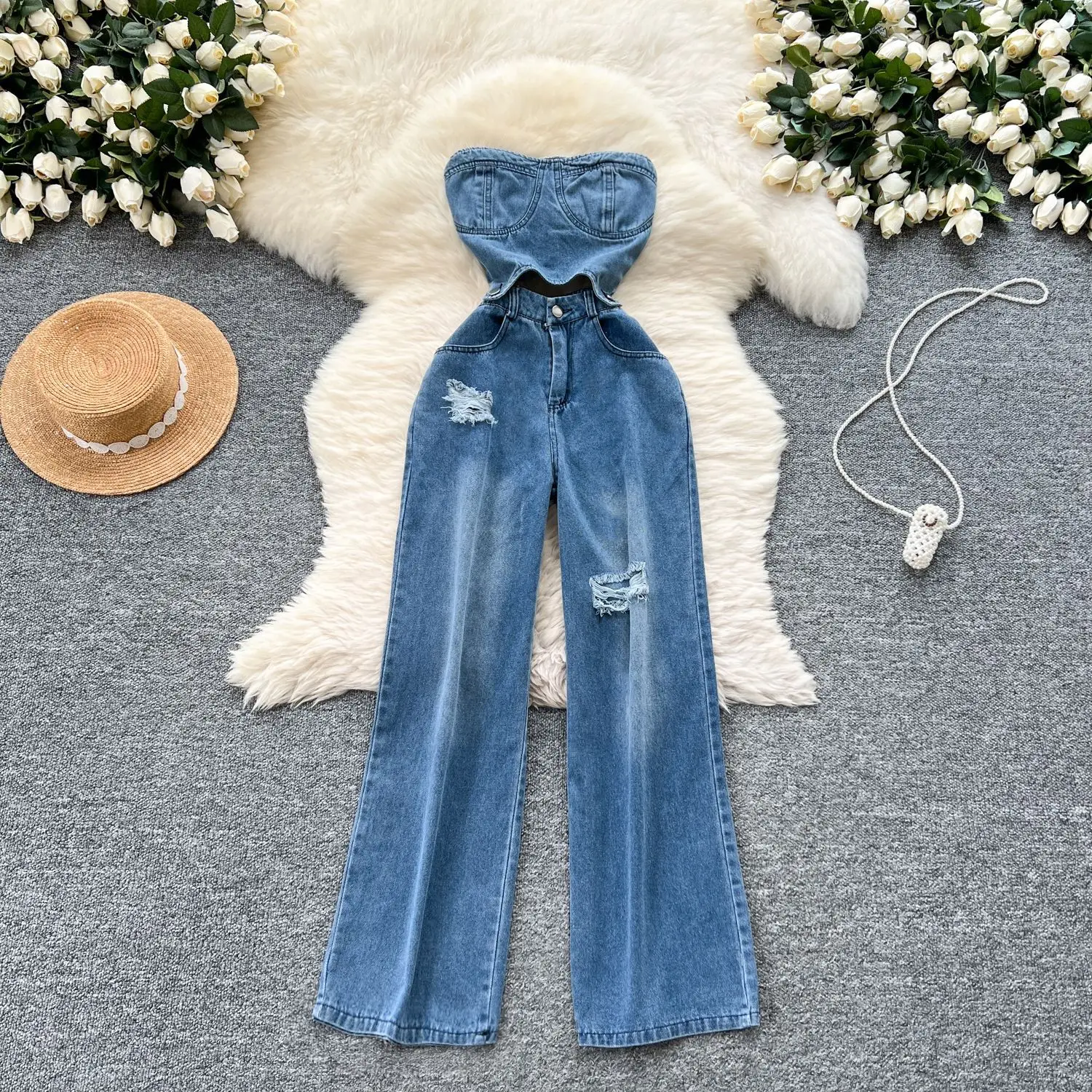 

Chic New Heart Machine Hollow Sleeveless High Waist Thin Hole Casual Denim Jumpsuit