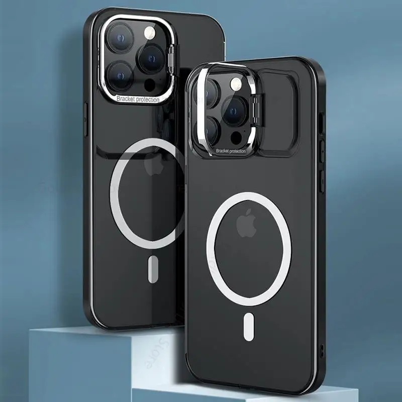For Magsafe Magsafing Flip Lens Kickstand Case For iPhone 15 16 Pro Max Wireless Charging Matte Cover For Apple 14 13 12 15 Pro