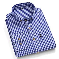 Camisa de algodón a cuadros para hombre, camisa de manga larga abotonada a rayas, bolsillo de parche único, camisas de vestir a cuadros de ajuste Regular informales de calidad