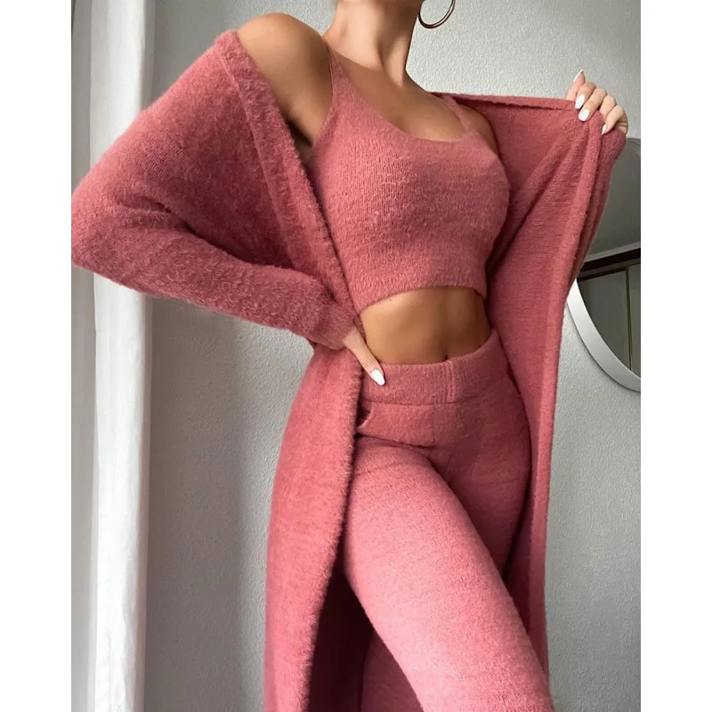 Autumn And Winter Knitted Plush Comfortable Women\'s Suit Sexy V-neck Short Crop Top Cardigan Sweater Trousers Three-piece Set