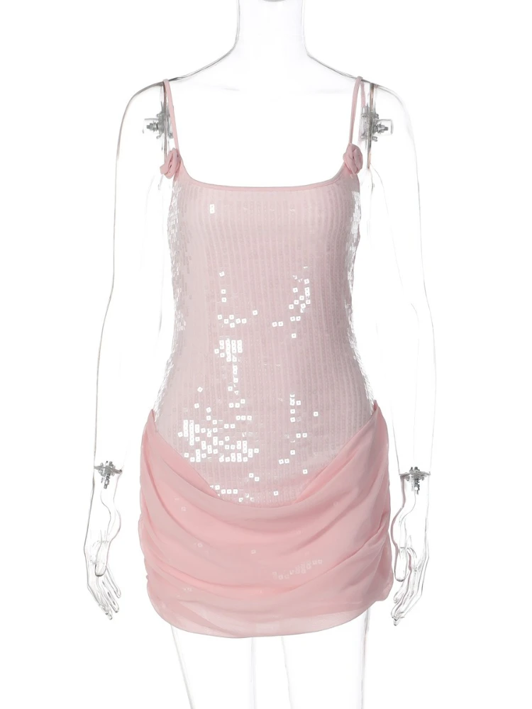 FDYOUI レディース スパゲッティストラップ スパンコール パーティードレス セクシー ノースリーブ 花柄 バックレス ボディコン ショート イブニング プロムドレス クラブウェア