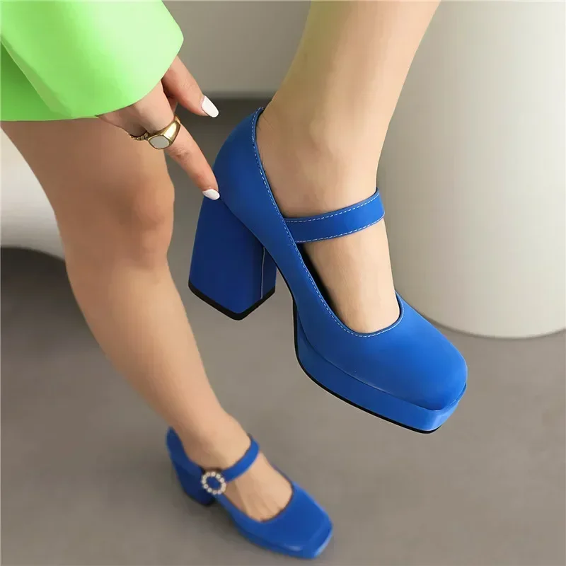 Fashion Satin Women Mary Janes Rosy Red Blue High Thick Heels Dress Party Office Ladies Spring Summer Square Toe Platform Pumps