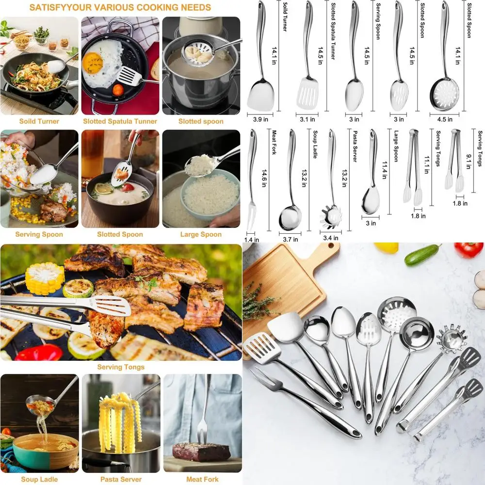 

Набор кухонных инструментов из нержавеющей стали из 11 предметов: лопатка, ложка, ковш, скиммер, токарный станок, сервер для макарон, щипцы