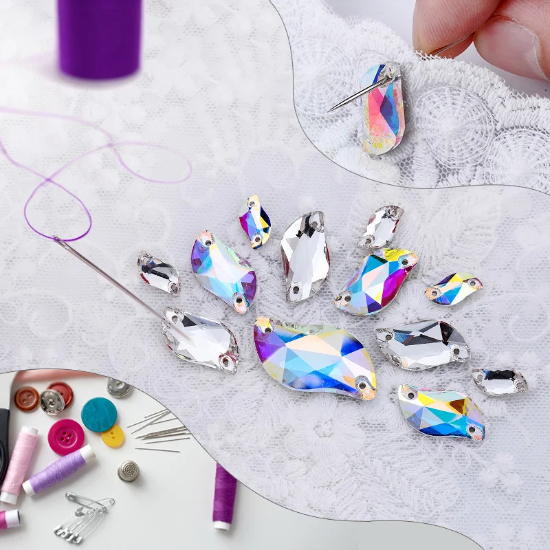 DUCRYSTAL AAAAA Water Drop Round Sew On Rhinestones for Garment Wedding Dress  Flat Back Shiny Square Triangles Sewing Crystals