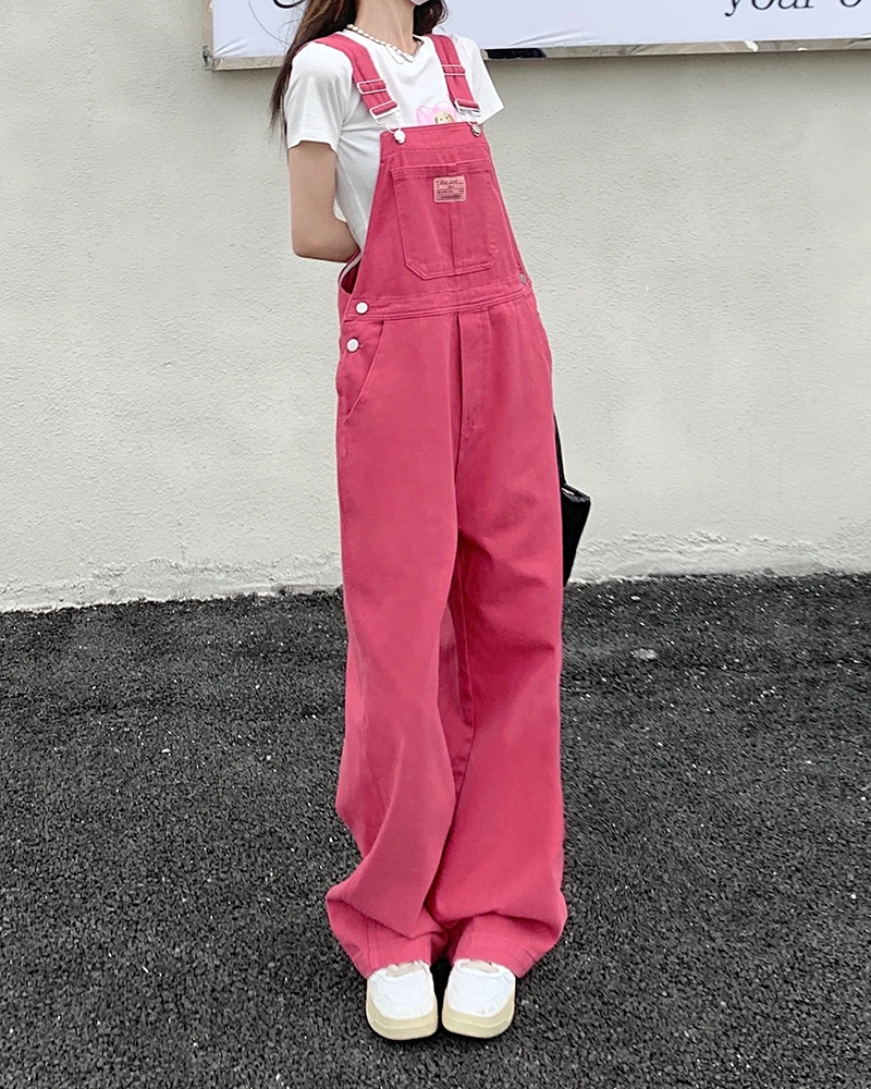 SM jeans womens 2022 Summer Preppy Style loose Girls Pink wide leg trousers jumpsuit korean casual denim overalls womens (78891