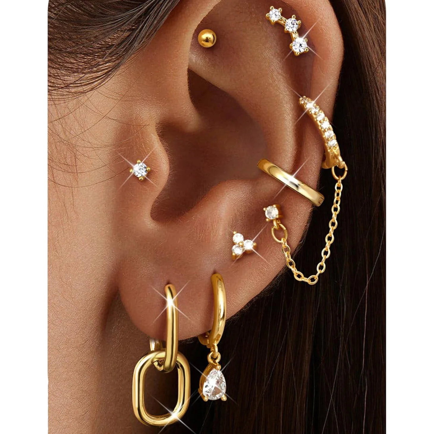 8-teiliges Set vergoldeter Ketten-Huggie-Ohrringe für Damen, modische geometrische Zirkon-Creolen mit Quastenketten-Ohrringen, Knorpel-Piercing-Schmuck