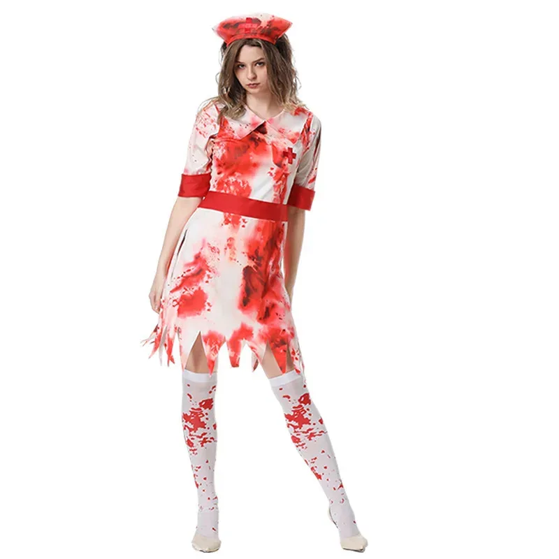 Costumi cosplay spaventosi di Halloween Donne adulte Horror sanguinante stampato Uniforme da infermiera Fantasia Carnevale Festa Abito da palcoscenico