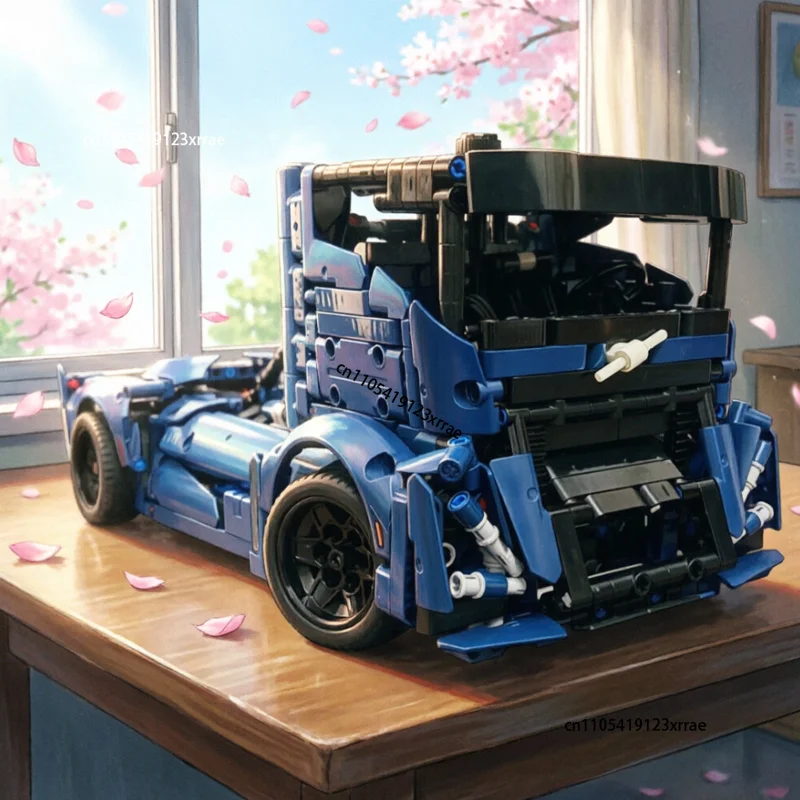 Hot MOC Blue IRON KNIGHT RACING TRUCK Semi-Trailer Buiding Block DIY Technical Vehicle Sport Model Bricks Toy Kids Birthday Gift