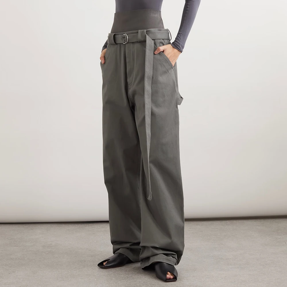 Women's Straight Pants with Drawstring Waist, Cotton, Double Waist, Head Splicing, Fine Twill, Commuter, Y2k, New, Autumn, 2024