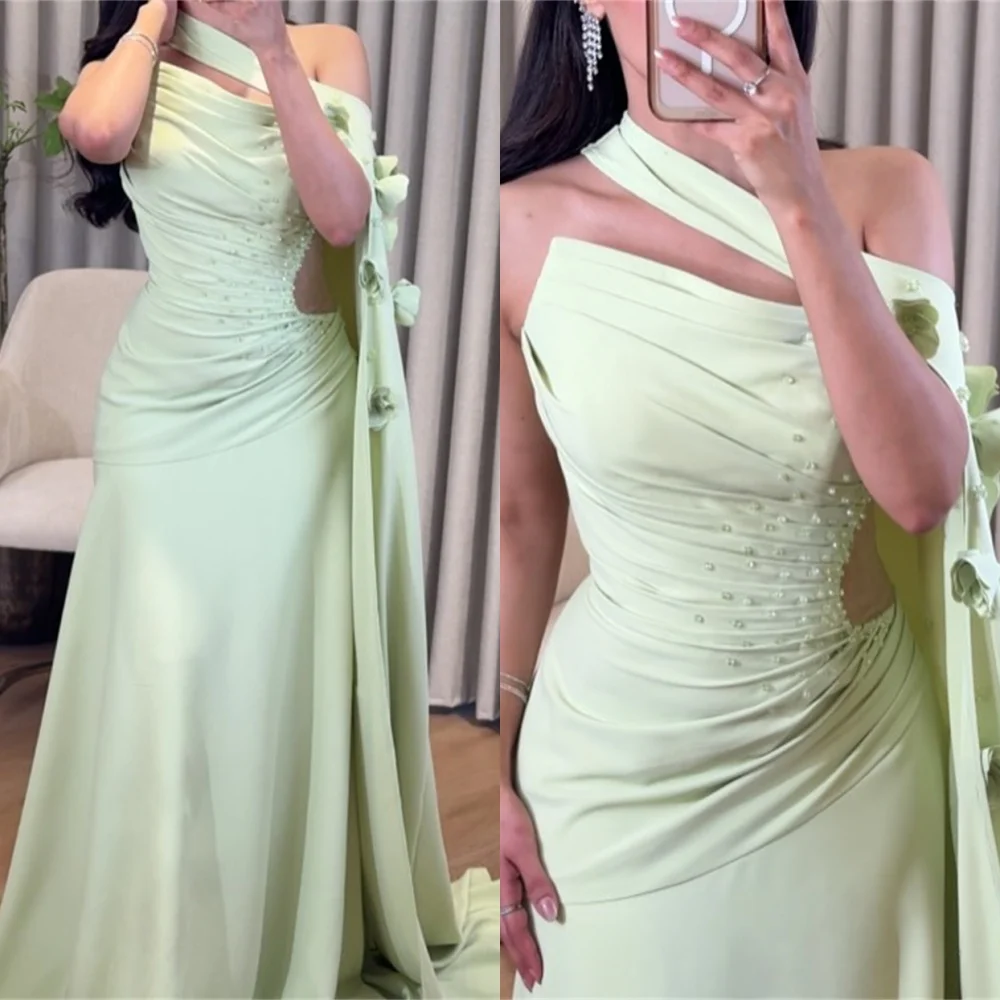 

Customized Soft Green Jersey Evening Dress Elegant One Shoulder Homecoming Dresses High Quality Flowers Special Occasion Gowns