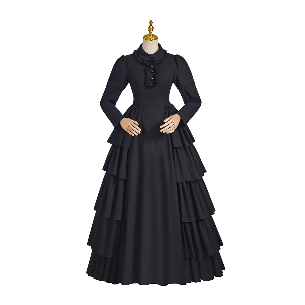 Gothic Steampunk Black Ruffle Dress Medieval Renaissance Civil War Mourning Costume Halloween Carnival Party Ball Gown