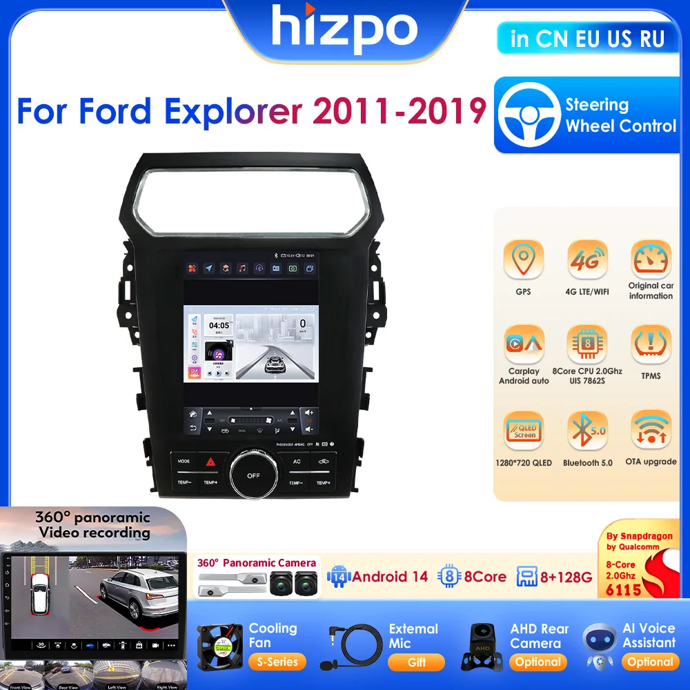 9,7-Zoll-4G-Android-Auto-Radio für Ford Explorer 2011-2019, CarPlay-Navigation, GPS-Multimedia-Player, Stereo-Headunit, WLAN, 360°-Kamera
