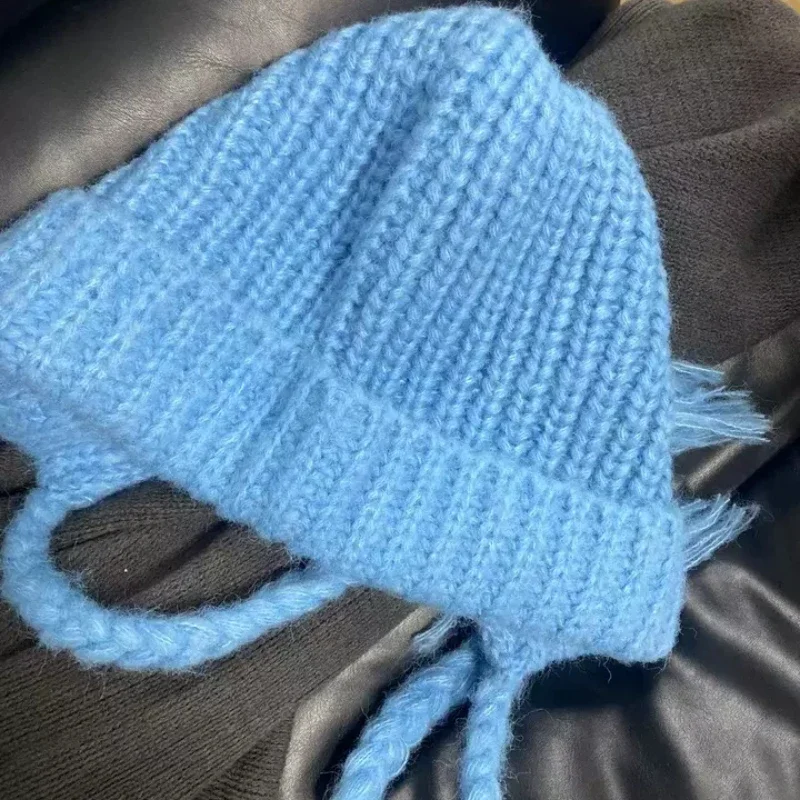 Korean Version Simple Blue Strap Beanies Cap for Women Autumn and Winter Casual Versatile Thermal Ear Protection Pullover Hat