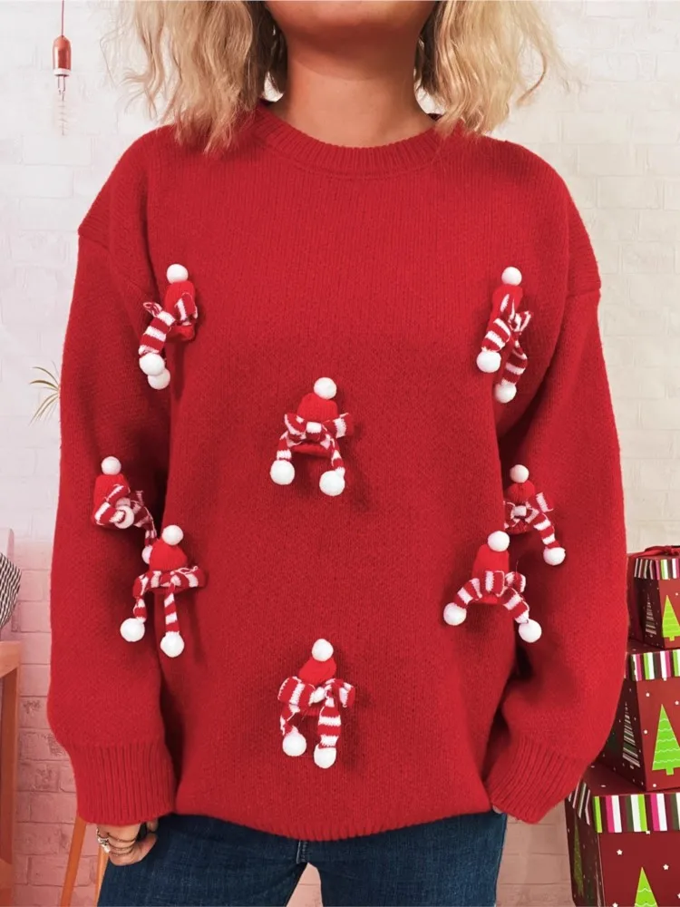 

Autumn And Winter Christmas New Stitching Bow Pullover Sweater Women's Elegant Round Neck Casual Loose Versatile Knitted Tops