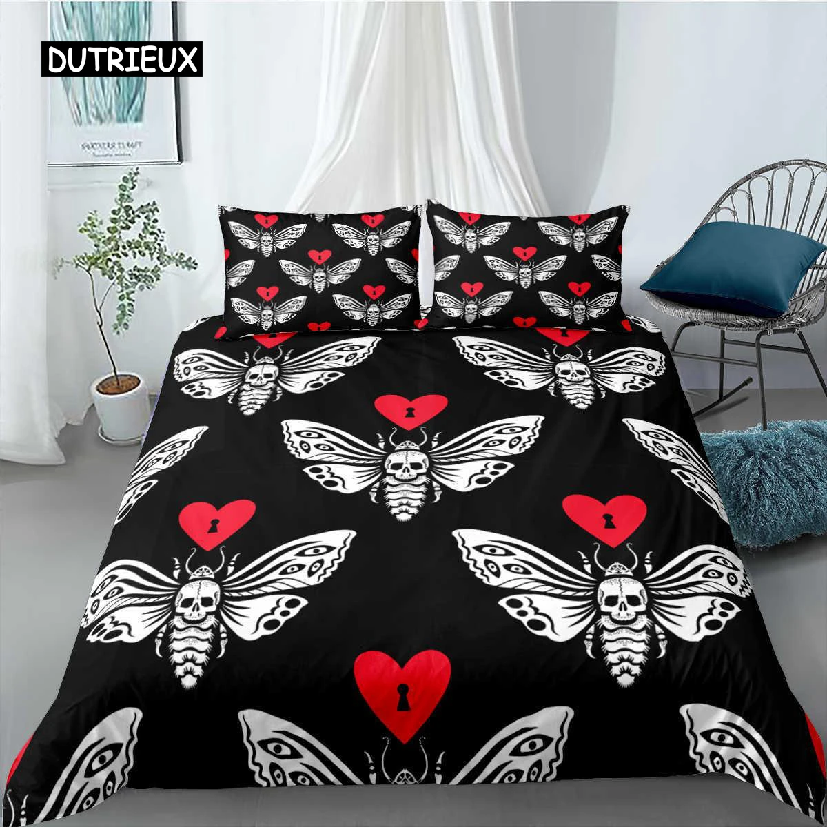 

Skull Duvet Cover Set Gothic Death Moth Skull Love Heart Bedding Set for Boy Teen Microfiber Moth Skeleton King Size Quilt Cover