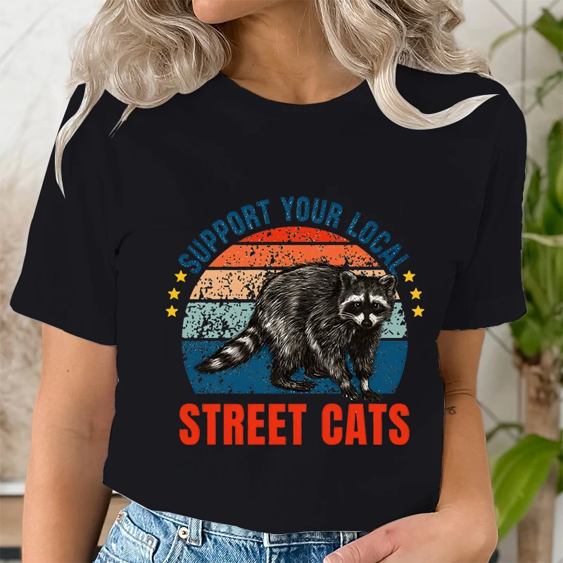 Raccoon Summer Women T Shirt Animal Support Local Street Cats Print Casual O-Neck Short Sleeve Pullover Female T-Shirt Clothing