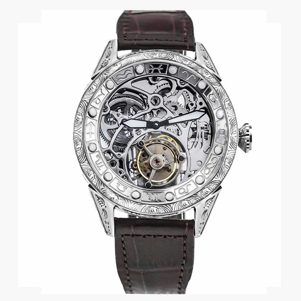 Classical Carved Large Dial Mens mechanical Wrist watch Tourbillon movement 50m Fashion Men Skeleton Tourbillon Watches AOHAOHUA