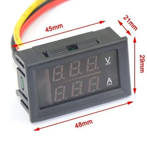 接続線付きデュアルLEDディスプレイパネル,デジタル電圧計,電流計,DC, 100V, 10A,電圧,電流,メーター,テスター,青,赤,2個