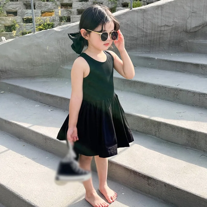 Summer Toddler Girls Wearing Cotton Sweet Cute Cool Wind Cross Backless Party Princess Dress For 1-7 Year Old Girls Black Dress