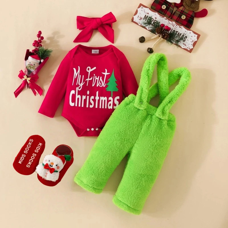 

Infants Baby Christmas Set Red Long Sleeve Green Fluffy Overalls Warm Clothes with Socks Headwear for Children Xmas Party