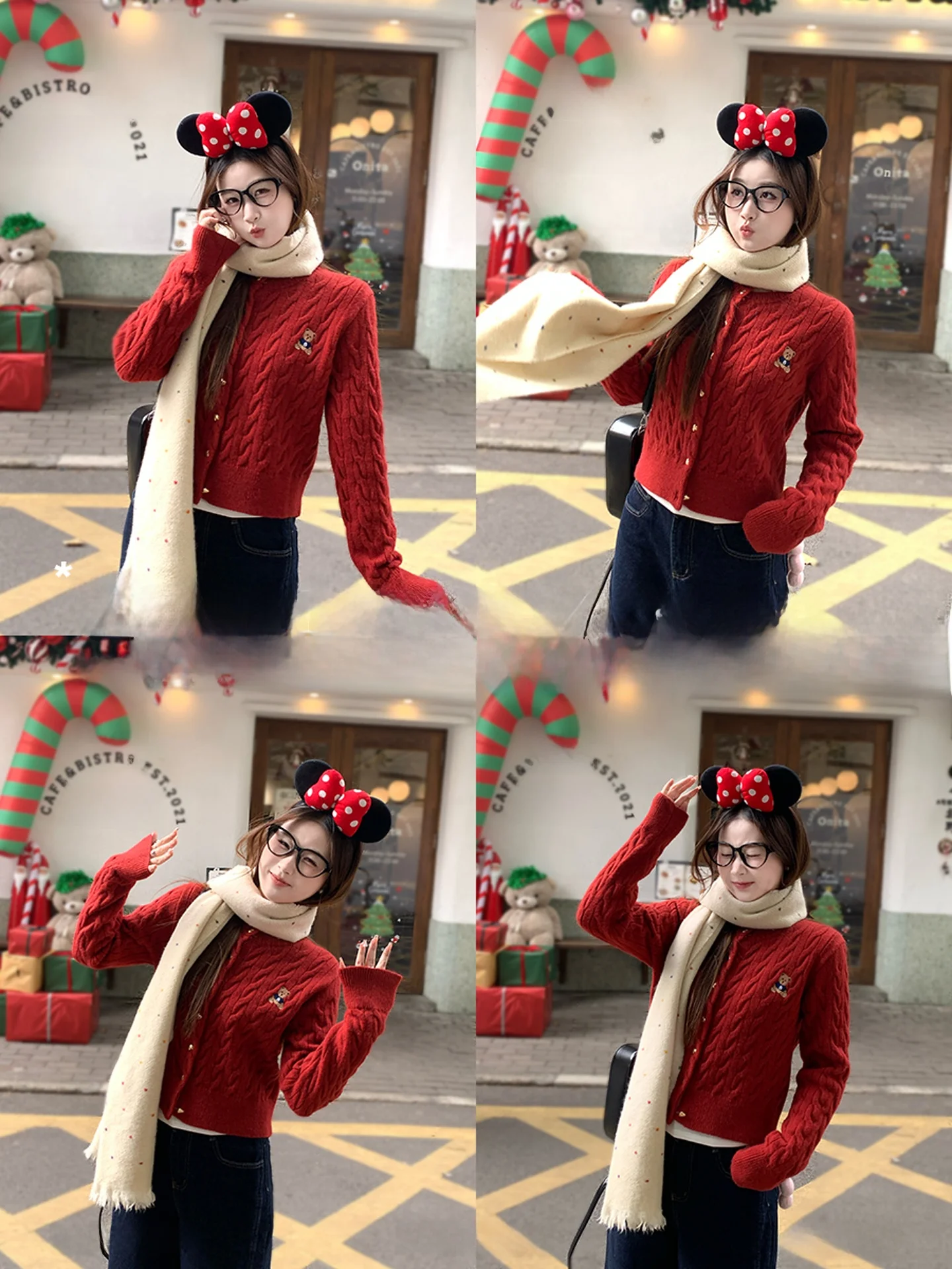 니트 가디건 여성용 가을 겨울 신상 슬레 베어 자수 트위스트 스웨터 대학 스타일 캐주얼 루즈핏 롱 스웨터