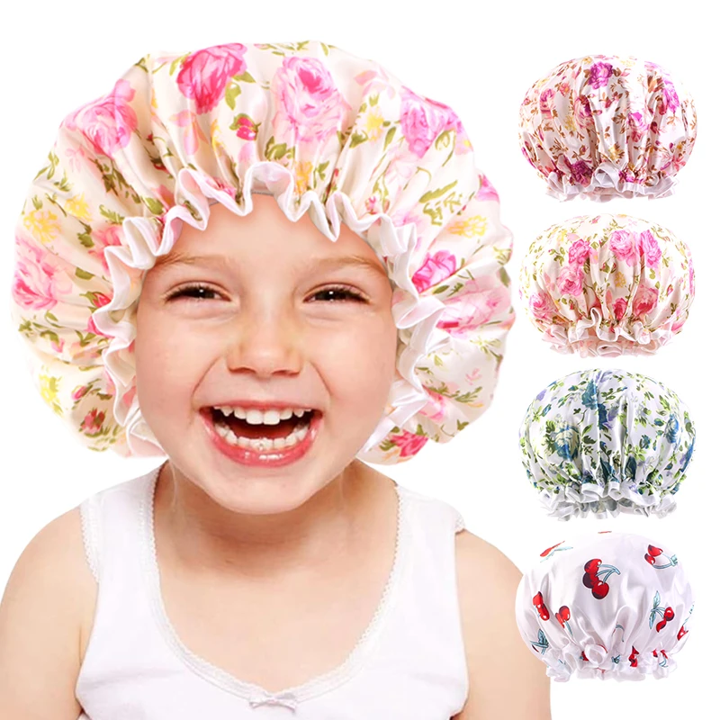 Bonnet de douche Double couche réglable pour enfants, imprimé coloré, imperméable, soins capillaires, chapeau de couchage pour bébé